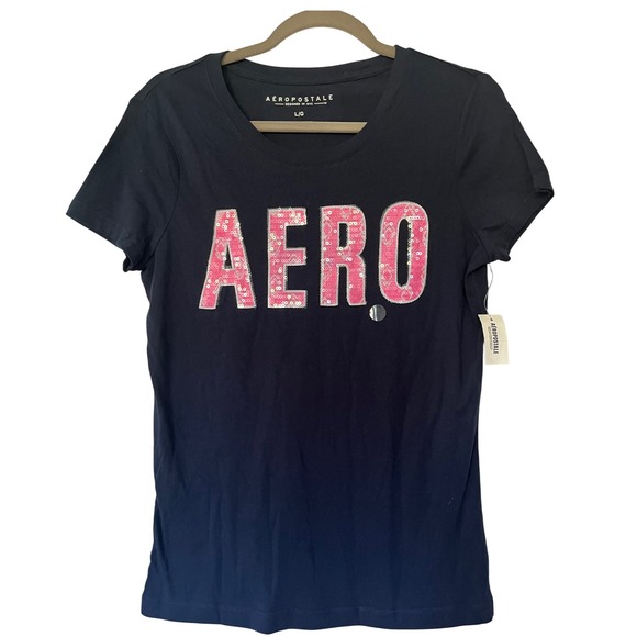 Aeropostale Sequin Graphic Tee T-Shirt Blue Pink Aero Size L/G New - Picture 1 of 5